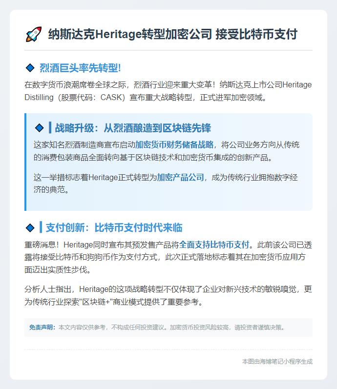 纳斯达克Heritage转型加密公司 接受比特币支付