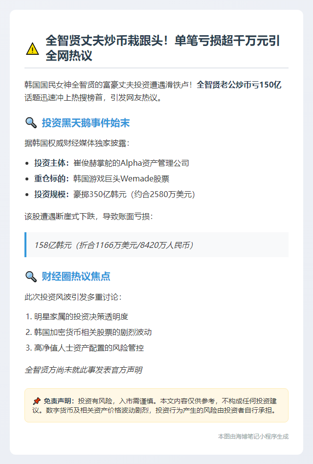 "全智贤老公炒币亏150亿"引热议