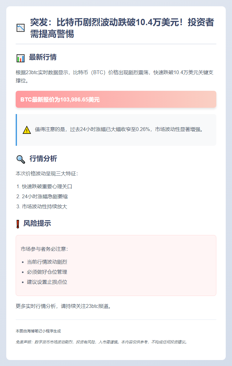 比特币跌破10.4万美元