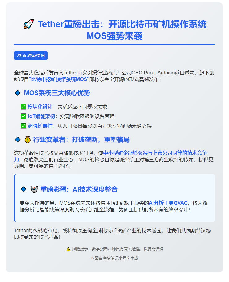 Tether将开源比特币矿机系统MOS