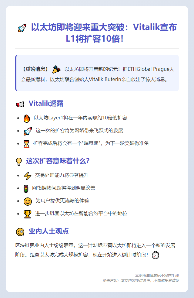 Vitalik：以太坊L1扩容10倍年内实现