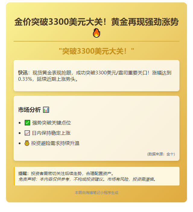 金价突破3300美元