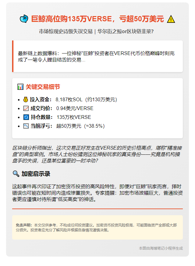 鲸鱼高位购135万VERSE，亏超50万美元