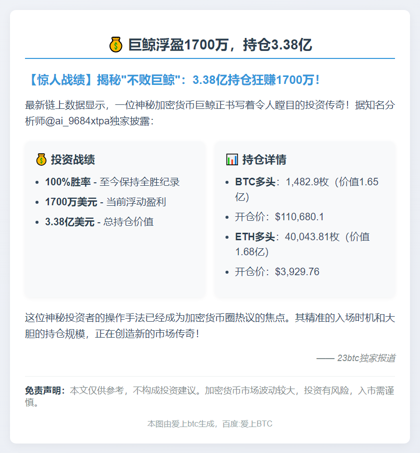 巨鲸浮盈1700万，持仓3.38亿