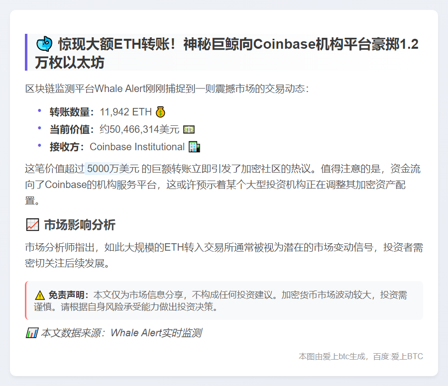 鲸鱼转移1.2万枚ETH至Coinbase，价值5047万美元