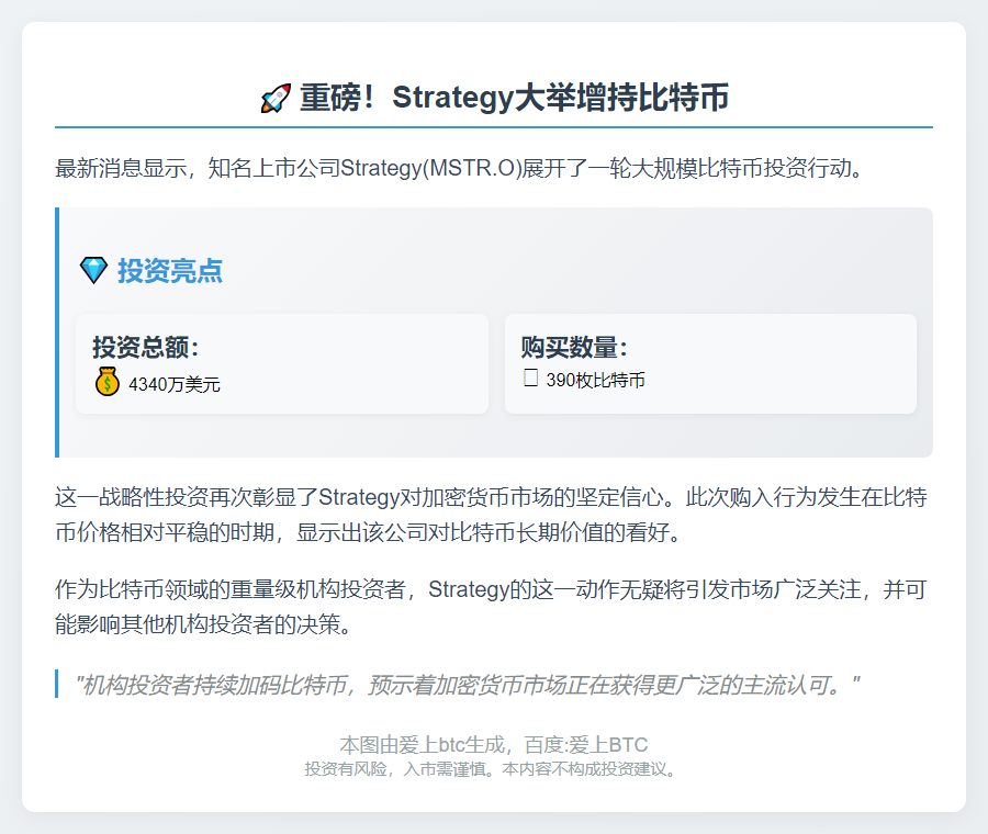 上周4340万美元购入390枚比特币