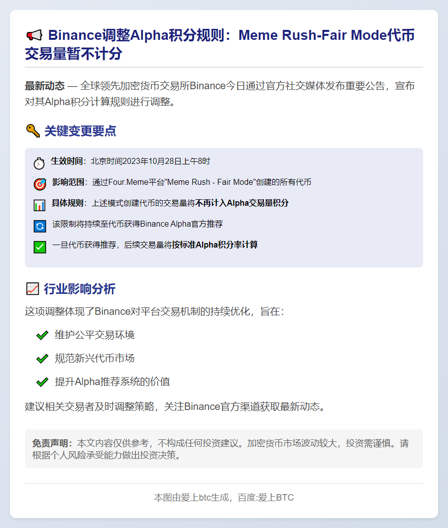 Binance：Meme Rush代币交易不计Alpha积分
