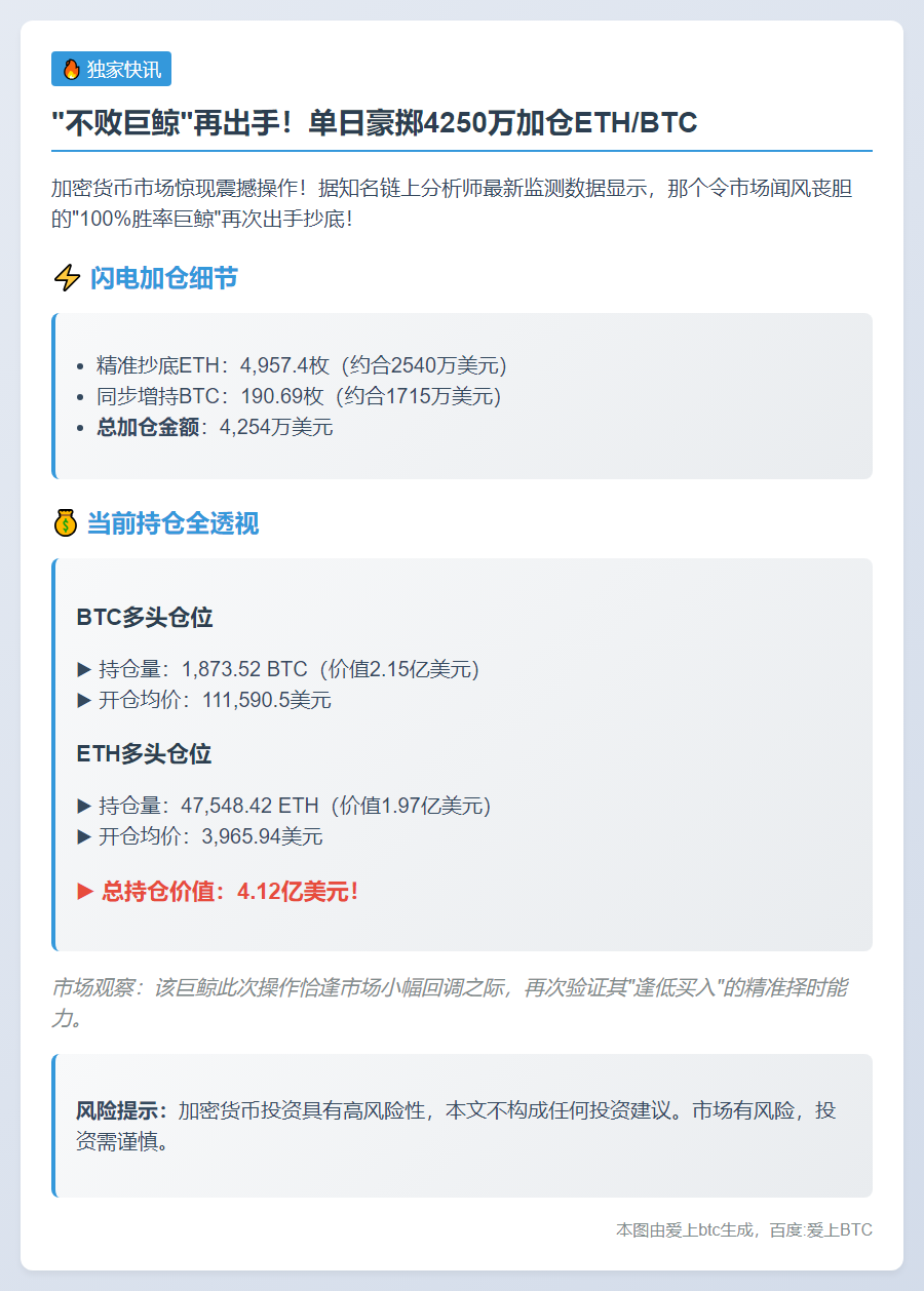 "胜率100%巨鲸加仓至4.12亿"