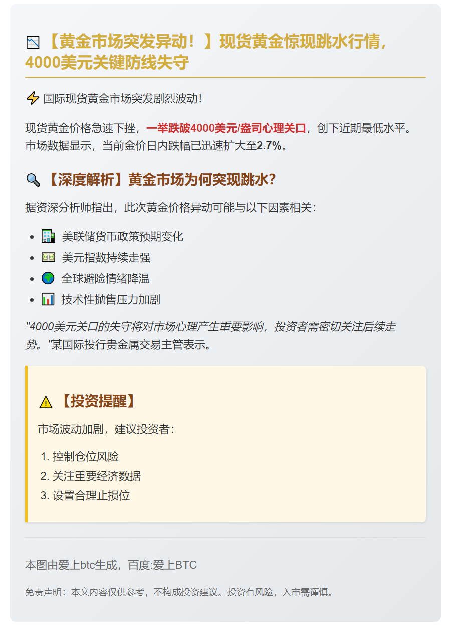金价跌破4000美元