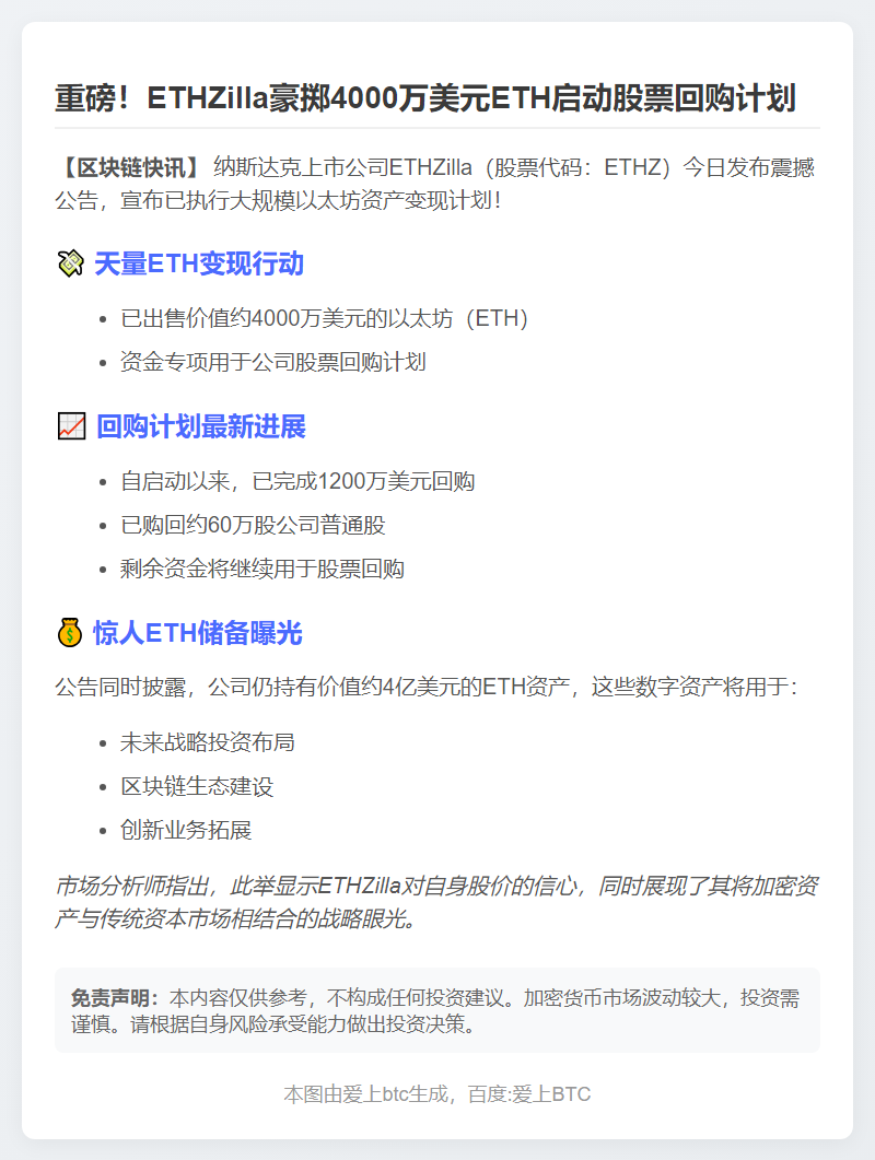 ETHZilla售4000万美元ETH回购股票