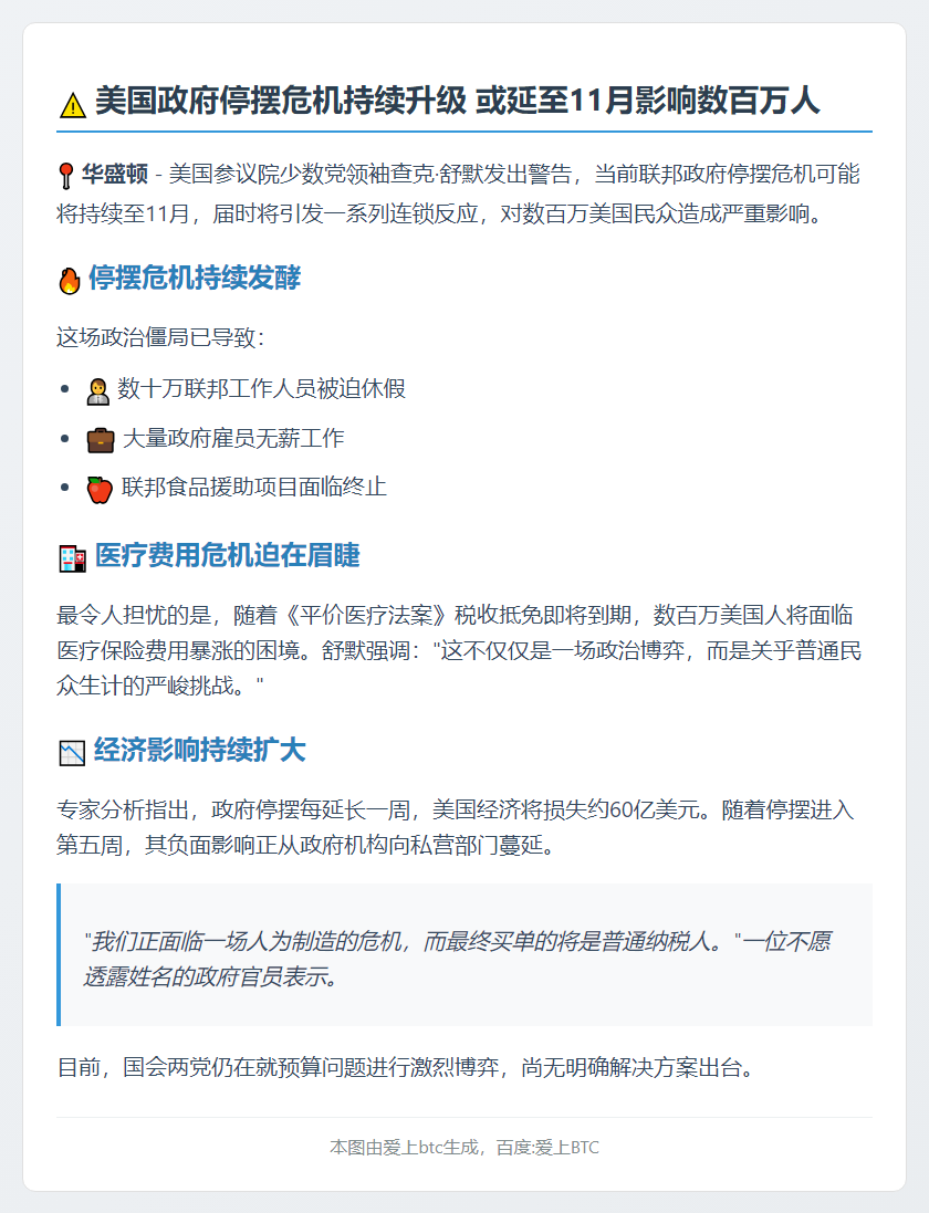 美参院领袖：政府停摆或延至11月